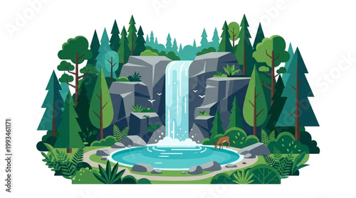 Beautiful forest waterfall cascading into a clear blue pool surrounded by lush green trees and rocks.