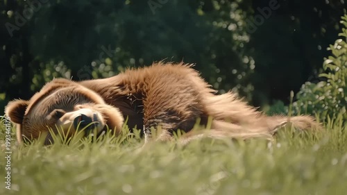 Playful Brown Bear Rolling in a Sunny Meadow