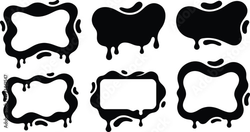 Black dripping ink frames and liquid blob silhouettes, featuring melting slime borders and gooey ooze shapes for creative grunge graphic design templates.