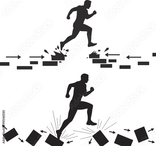 Runner breaking through obstacles symbolizing strength determination and overcoming challenges illustration