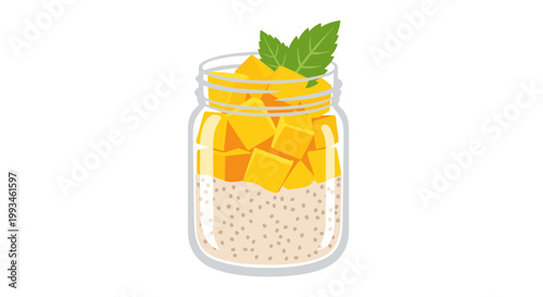 A minimalist vector illustration of a mango and chia seed dessert in a glass jar