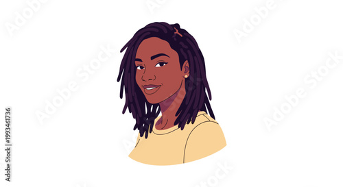 A vibrant illustration of a young woman with dreadlocks in a yellow shirt