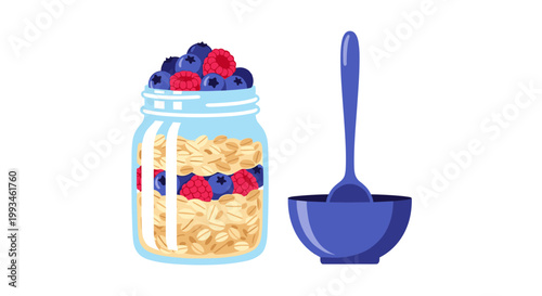 A vector graphic illustration of a jar of oatmeal with berries and a spoon
