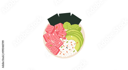 A vector graphic illustration of a plate of sashimi and sushi