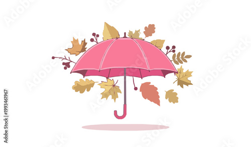 Pink umbrella autumn foliage vector cartoon soft seasonal illustration