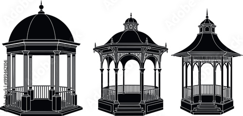 Gazebo Pavilion Silhouette Set with Classic Garden Structures Vector Illustration