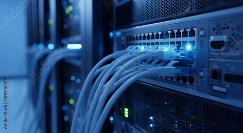 Closeup of network server switch with multiple ethernet cables connected in a data center