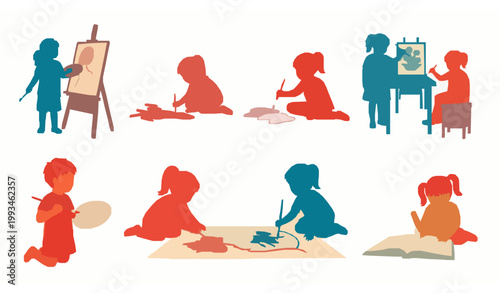 Kids drawing silhouette vector set child artist creative activity icons