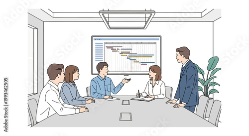 Business Team Meeting Discussing Project Schedule on Screen