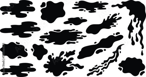Black ink splatters, liquid paint drips, and organic oil spill silhouettes designed for creative graphic design projects and artistic textured backgrounds.