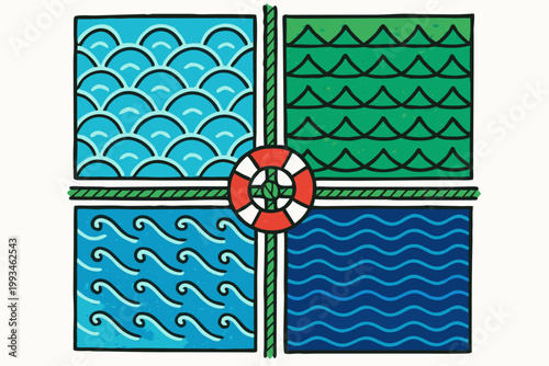 Four sections of ocean wave patterns with a life preserver in the middle
