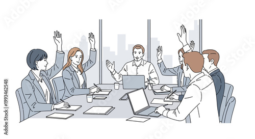 Business Team Voting and Raising Hands During Corporate Meeting