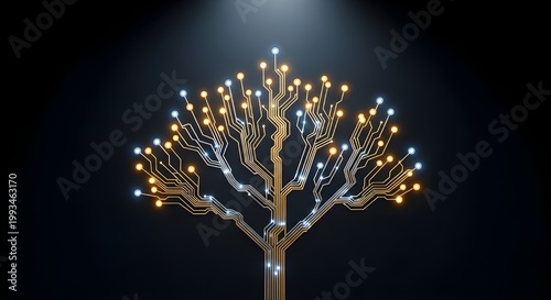 Golden Circuit Board Tree with Glowing LED Nodes — Digital Technology and Nature Growth Concept
