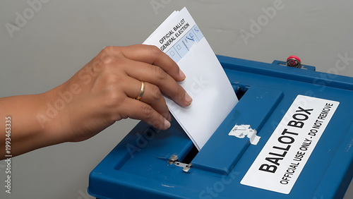 Hand casting ballot into ballot box symbolizing the act of voting in a democracy, with focus on democratic participation. 