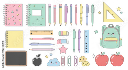 Cute School Supplies Vector Clipart Bundle with Notebooks, Pencils, Pens, Backpacks, Rulers, Erasers, Paper Clips, Apples, and Chalkboard Elements in Pastel Rainbow Kawaii Flat Illustration Isolated o
