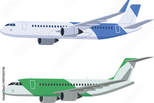 Passenger airplanes in different color liveries flying showing modern aviation transport illustration