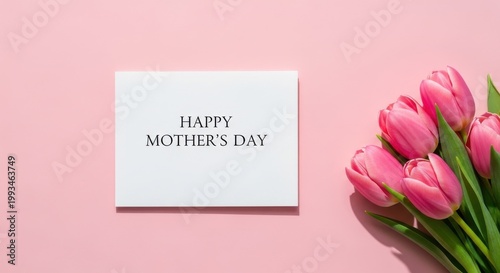 Happy Mother's Day greeting card with pink tulips, elegant floral flat lay on pastel pink background, spring holiday celebration concept