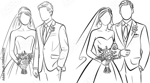 Wedding couple illustration with bride and groom holding bouquet in elegant outline style