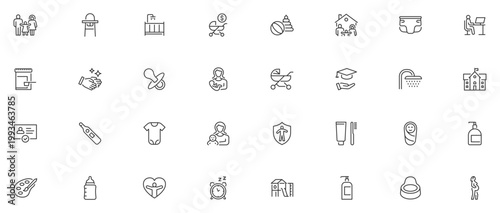 Child care web icons in line style editable stroke. Nurse, healthy eating, sleep, hygiene, crib, toys, infant, collection. Editable stroke.