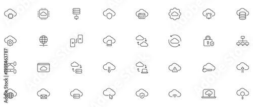 Cloud computing web icons in line style. Cloud technology, data center, connection network, digital service, database platform, collection. Editable stroke.
