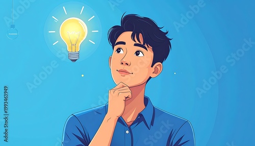 A cartoon man thinking with a lightbulb