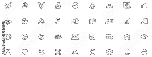 Core Values web icon set in line style. Innovation, integrity, customers, accountability, teamwork, goals, motivation collection. Editable stroke.