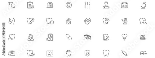 Dentistry web icon set in line style. Dentist, dental, dental treatment, prosthetics, teeth whitening, implant, braces, collection. Editable stroke.