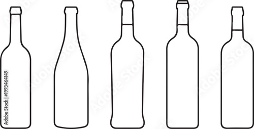 Minimalist line of five empty glass bottles with corks line glass bottle empty bottle