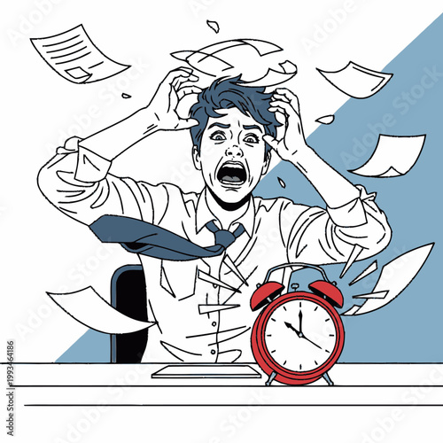 Overwhelmed businessman in office panicking with papers flying around and alarm clock showing urgency.