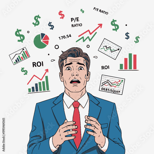 Stressed businessman overwhelmed by financial charts, graphs, and dollar signs, symbolizing anxiety and confusion in the stock market.
