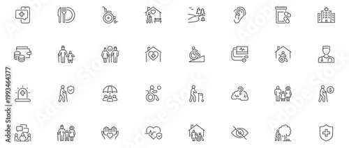 Elderly web icons in line style editable stroke. Care, pension, senior, grandparents, wheelchair, doctor, alzheimer, caregiver, retirement, collection. Editable stroke.