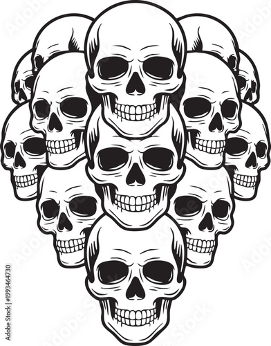 Multiple skulls in black and white line art on white background for Halloween decoration