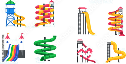 Colorful Water Park Slide Lighthouse Sand Castle and Fountain Summer Fun Vector Illustration Set for Recreation Design