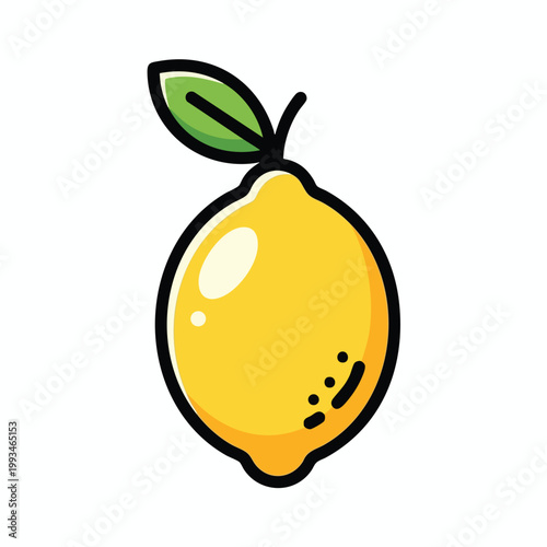 Stylized yellow lemon fruit illustration with a green leaf.