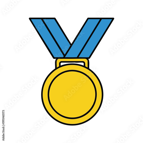 A gold medal icon with a blue ribbon on a white background.