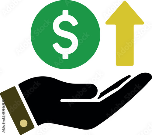 Saving account growth shown by hand holding coin and arrow