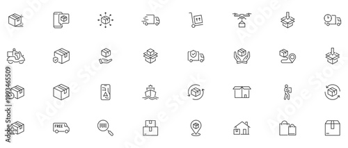 Moving Service web icons in line style. Courier, office move, packing, loaders, collection. Editable stroke.