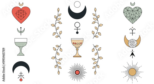Symmetrical arrangement of mystical and esoteric symbols including hearts, crescents, chalices, and celestial suns in a clean style.