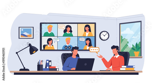 Modern office scene features two professionals sitting at a desk while participating in a video conference call on a large wall monitor.