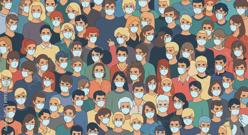 Crowded scene of diverse people wearing protective face masks highlights public health safety measures and pandemic awareness in society.