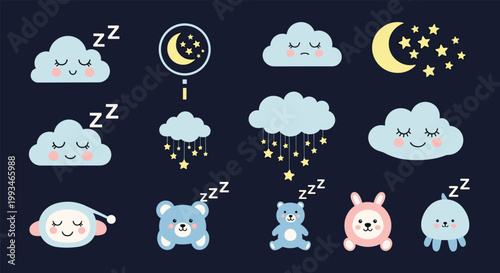 Collection of cute bedtime icons features sleeping clouds, moons, stars, and adorable sleepy animals like bears, rabbits, and sheep.