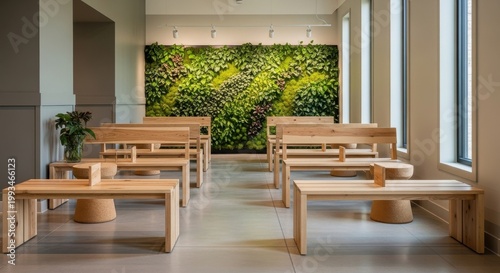 Natural wood minimalist benches arranged before a lush green living wall in a modern interior space