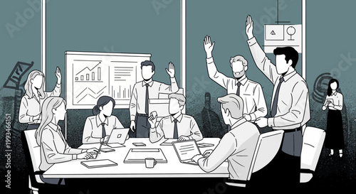 Business Meeting with Team Members Raising Hands in Collaborative Office Environment