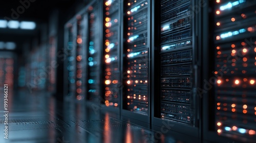 High-Tech Computer Servers in Modern Data Center with Glowing LED Racks Advanced Infrastructure Digital Environment Futuristic Viewpoint for Enhanced Technology Solutions