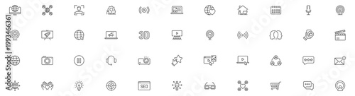 Social Media and web icon in line style. Data analytics, blogging, seo, digital marketing, like, management, message, phone, collection. Editable stroke.