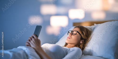Woman Texting on Smartphone in Bed at Night with Chat Bubbles