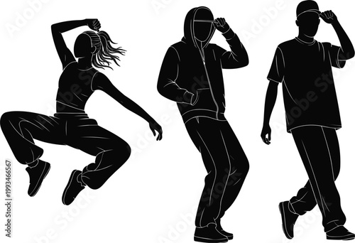 Urban dancers silhouettes performing hip hop moves in dynamic street style poses
