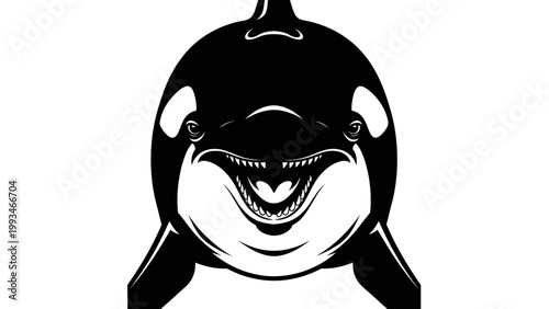 Orca Killer Whale Portrait, Black and White, Open Mouth, Fierce Expression