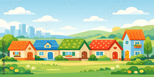 Countryside Houses with City Skyline in Background Landscape Illustration