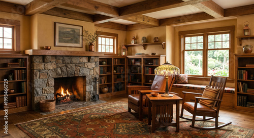  A 1910s Craftsman living room. Focus on natural materials, exposed wooden ceiling beams, and a large 